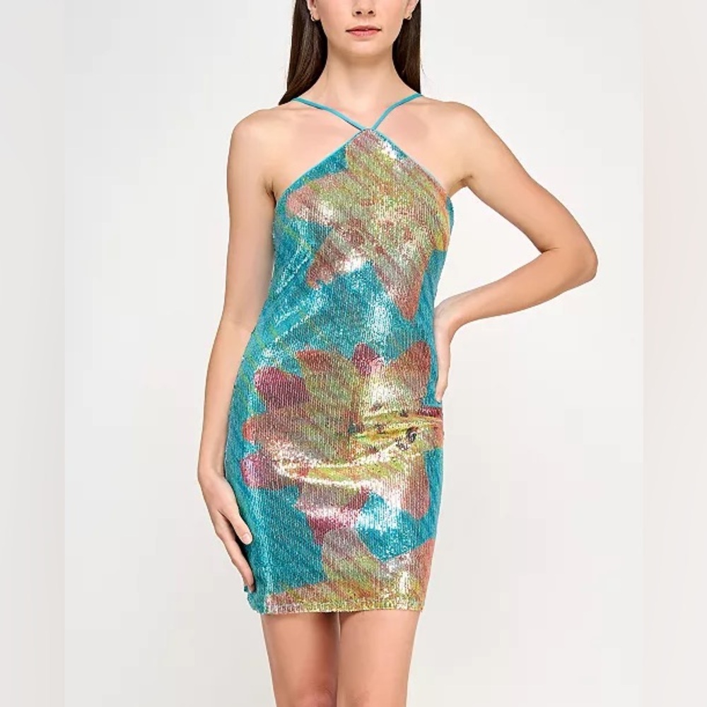INVITEE BCX Juniors' T-Neck Lily Placement Sequin Bodycon Dress - midnight Sun M